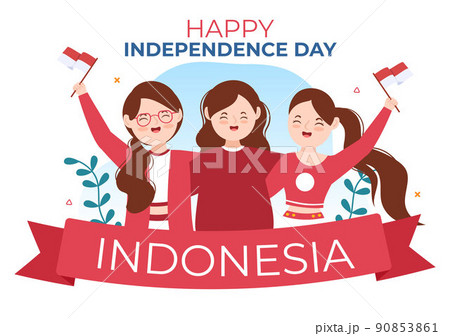Indonesia Independence Day on August 17th with Traditional Games, Flag Red White and People Character in Flat Cute Cartoon Background Illustration