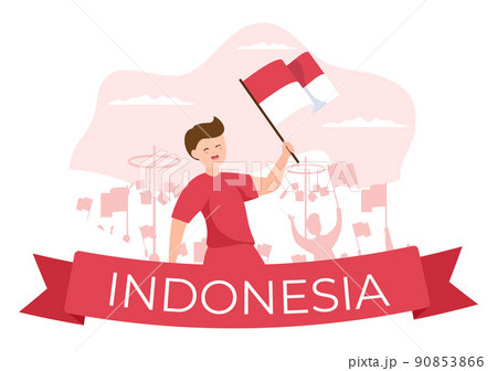 Indonesia Independence Day on August 17th with Traditional Games, Flag Red White and People Character in Flat Cute Cartoon Background Illustration