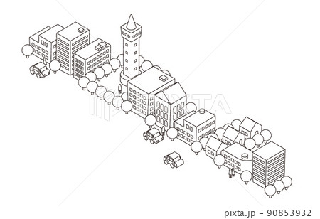 アイソメトリック街並みイラスト（モノクロ） 90853932