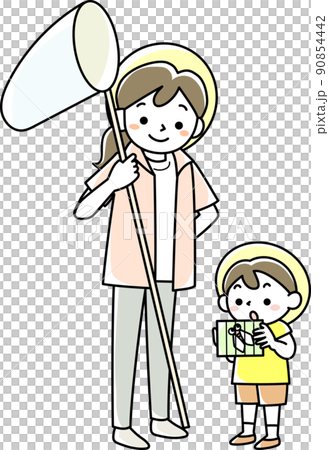 捕虫網を持つ母親と虫かごをのぞき込む男の子 90854442