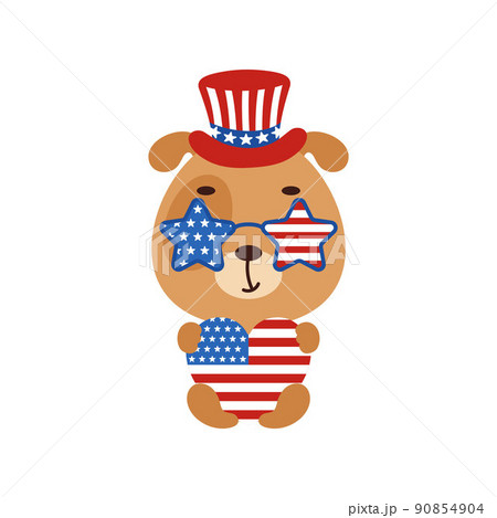 Cute little dog holding heart in USA patriotic hat and glasses. Cartoon animal character for kids t-shirt, decoration, baby shower, greeting card, house interior. Vector stock illustration Cute little dog holding heart in USA patriotic hat and glasses. Cartoon animal character for kids t-shirt, decoration, baby shower, greeting card, house interior. Vector stock illustration 90854904