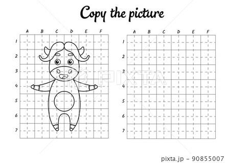 Copy the picture. Draw by grid. Coloring book pages for kids. Handwriting practice, drawing skills training. Education developing printable worksheet. Activity page. Cute cartoon vector illustration 90855007