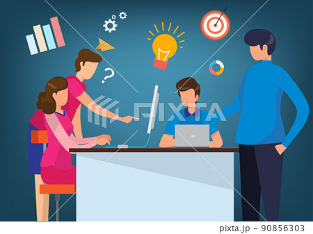 meeting to discuss business issues isolated vector man with light bulb woman with question mark laptop on the table 90856303