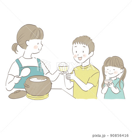 土鍋ご飯を入れる母と順番を待つ子どもたち 土鍋ご飯を入れる母と順番を待つ子どもたち 90856416