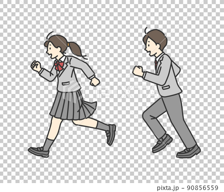 走っている男子学生と女子学生のイラストのイラスト素材