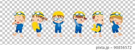 ジェンダーレス水着を着た可愛い小さな子供たちのイラスト セット 白背景 バリエーション ジェンダーレス水着を着た可愛い小さな子供たちのイラスト セット 白背景 バリエーション 90856572