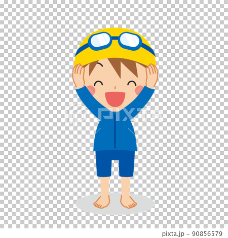 Illustration of a cute little boy in a genderless swimsuit White background vector clip art 90856579
