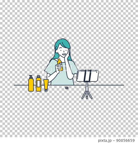 化粧品をライブコマースで宣伝販売する女のイラスト素材 90856659