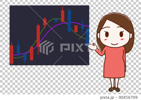 （全身正面）株価のチャートを説明、案内する女性 90856709