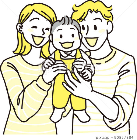 パパママ男の赤ちゃん真ん中_上半身像_イエロー 90857384