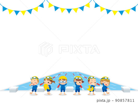 ジェンダーレス水着を着てプールサイドに立っている可愛い子供たちのイラスト　コピースペース　背景 90857811