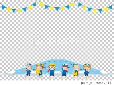 Illustration of cute children standing by the pool wearing genderless swimwear Copy space background Illustration of cute children standing by the pool wearing genderless swimwear Copy space background 90857811
