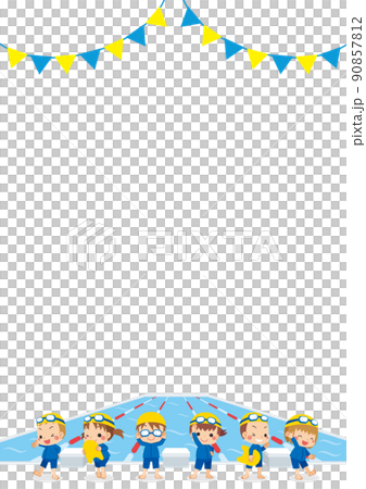 ジェンダーレス水着を着てプールサイドに立っている可愛い子供たちのイラスト　コピースペース　背景 90857812