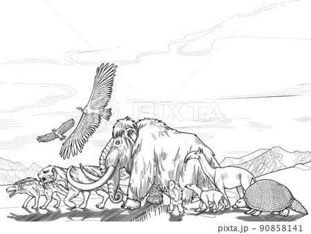 Composition of a graphic prehistoric animals and caveman walking in a line 90858141