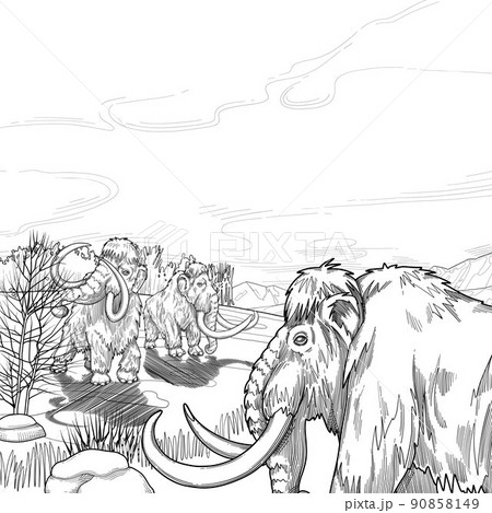 Graphic mammoths walking in a snowy mountain landscape 90858149