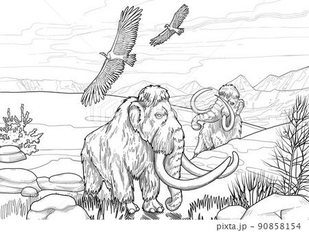 Graphic mammoths walking in a snowy mountain landscape 90858154