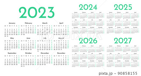 Set of green and white monthly calendar templates for 2023, 2024, 2025, 2026, 2027 years Set of green and white monthly calendar templates for 2023, 2024, 2025, 2026, 2027 years 90858155