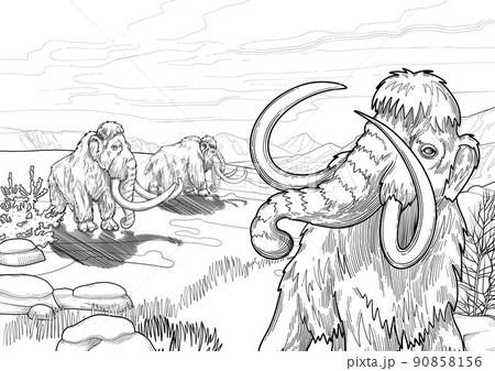 Graphic mammoths walking in a snowy mountain landscape Graphic mammoths walking in a snowy mountain landscape 90858156