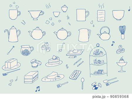 ティータイム　お茶セット　スイーツ　イラストセット（手描き　ベクター） 90859368