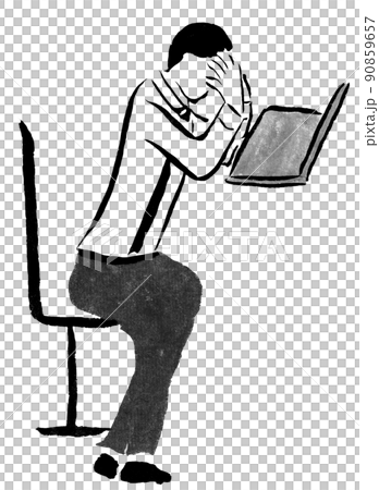 A businessman who operates a laptop while sitting (illustration of a hand-painted person in ink) 90859657