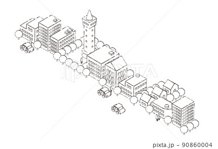 アイソメトリック街並みイラスト 手描き風線画 のイラスト素材