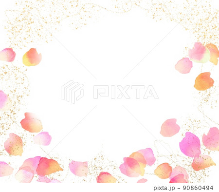 ピンクやオレンジのグラデーションが美しい薔薇の花びらが舞い散る水彩画手描きイラスト 90860494
