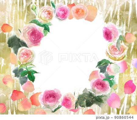 ピンクのバラのピエールドロンサールのフラワーリース水彩画手描きイラスト 90860544