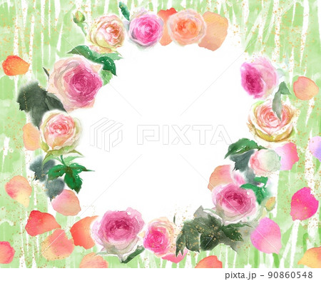 ピンクのバラのピエールドロンサールのフラワーリース水彩画手描きイラスト 90860548