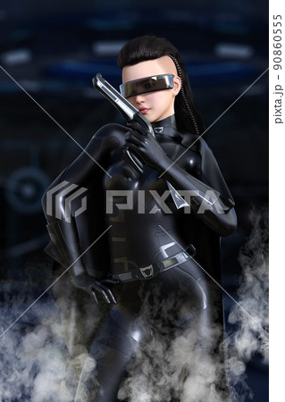 暗闇の中に佇み銃を構える黒いゴーグルをつけた黒い戦闘服を着た女性。 90860555