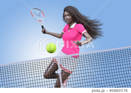 テニスをするピンクのユニフォームを着た活発な黒人の女の子 90860576