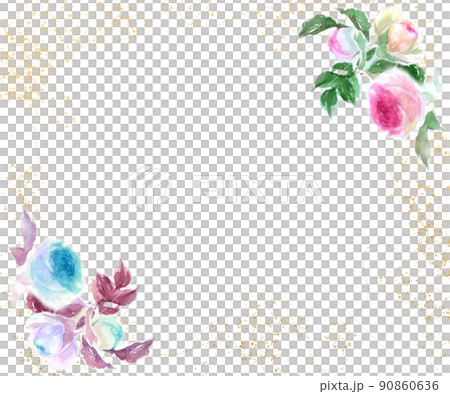 粉紅玫瑰 Pierre de Ronsard 花環和金粉水彩手繪插圖 90860636