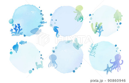 水彩画。水彩タッチの夏の海の生き物ベクターフレーム。爽やかブルーのマリンテイスト背景。 90860946