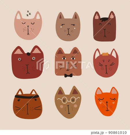 Set of cute cats with emotions. Sleepy cat, crying cat, princess cat, gentleman cat, scientist cat 90861010
