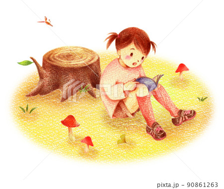 秋の野原で読書するツインテールの女の子　手描き色鉛筆画 90861263
