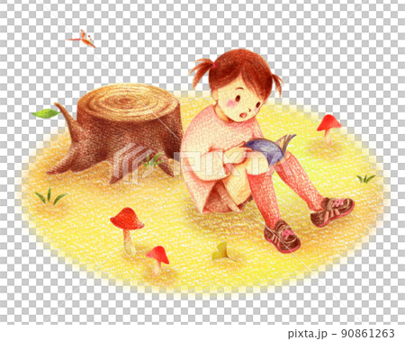 秋の野原で読書するツインテールの女の子　手描き色鉛筆画 90861263