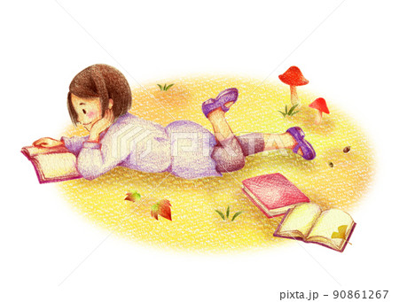 秋の野原で読書する寝転がった女の子　手描き色鉛筆画 90861267