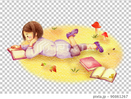 秋の野原で読書する寝転がった女の子　手描き色鉛筆画 90861267