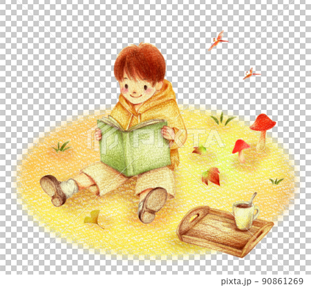 秋の野原で読書する足を広げて座る男の子 手描き色鉛筆画のイラスト素材