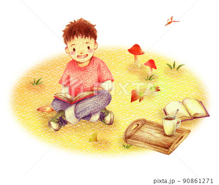 秋の野原で読書する足を組んで座る男の子　手描き色鉛筆画 90861271