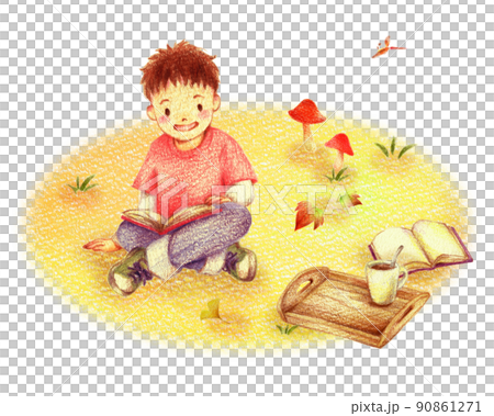 秋の野原で読書する足を組んで座る男の子　手描き色鉛筆画 90861271