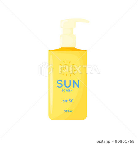 Skin care product. Sun safety, UV protection spray. Tube of sunscreen product with SPF. Summer cosmetic. Flat vector illustration isolated on white background. 90861769