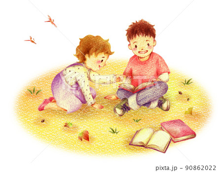 秋の野原で一緒に本を読む男の子と女の子　手描き色鉛筆画 90862022