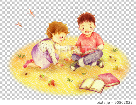 秋の野原で一緒に本を読む男の子と女の子　手描き色鉛筆画 90862022