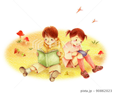 秋の野原で読書する男の子と女の子　手描き色鉛筆画 90862023