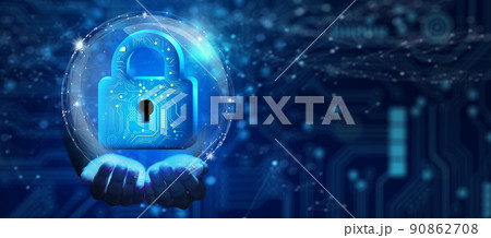 Business Hand holding Padlock with Keyhole and Network wireframe over blue background abstract. Cyber attack block, Cyber data, and Information privacy, and Future technology security Concept.  90862708