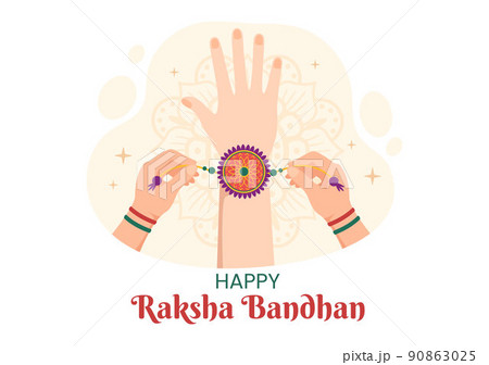 Happy Raksha Bandhan Cartoon Illustration with Sister Tying Rakhi on Her Brothers Wrist to Signify Bond of Love in Indian Festival Celebration 90863025