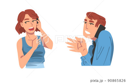 Man and Woman Character Speaking by Phone Having Dialogue via Mobile Gadget Vector Set Man and Woman Character Speaking by Phone Having Dialogue via Mobile Gadget Vector Set 90865826