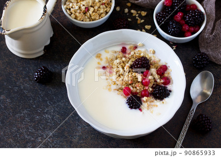 Granola. Homemade yoghurt with granola, currant and black raspberries. Copy space. Granola. Homemade yoghurt with granola, currant and black raspberries. Copy space. 90865933