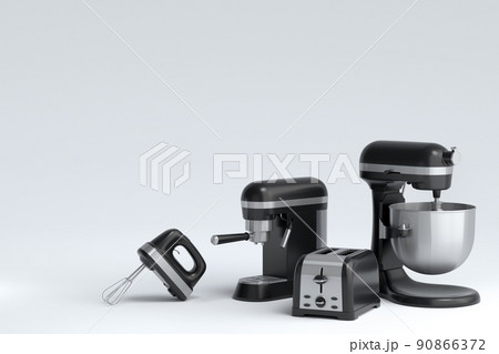 Espresso coffee machine, hand mixer, kettle and toaster on white background. 90866372