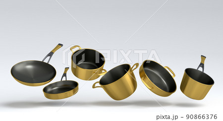 Set of flying stewpot, frying pan and chrome plated cookware on white background 90866376